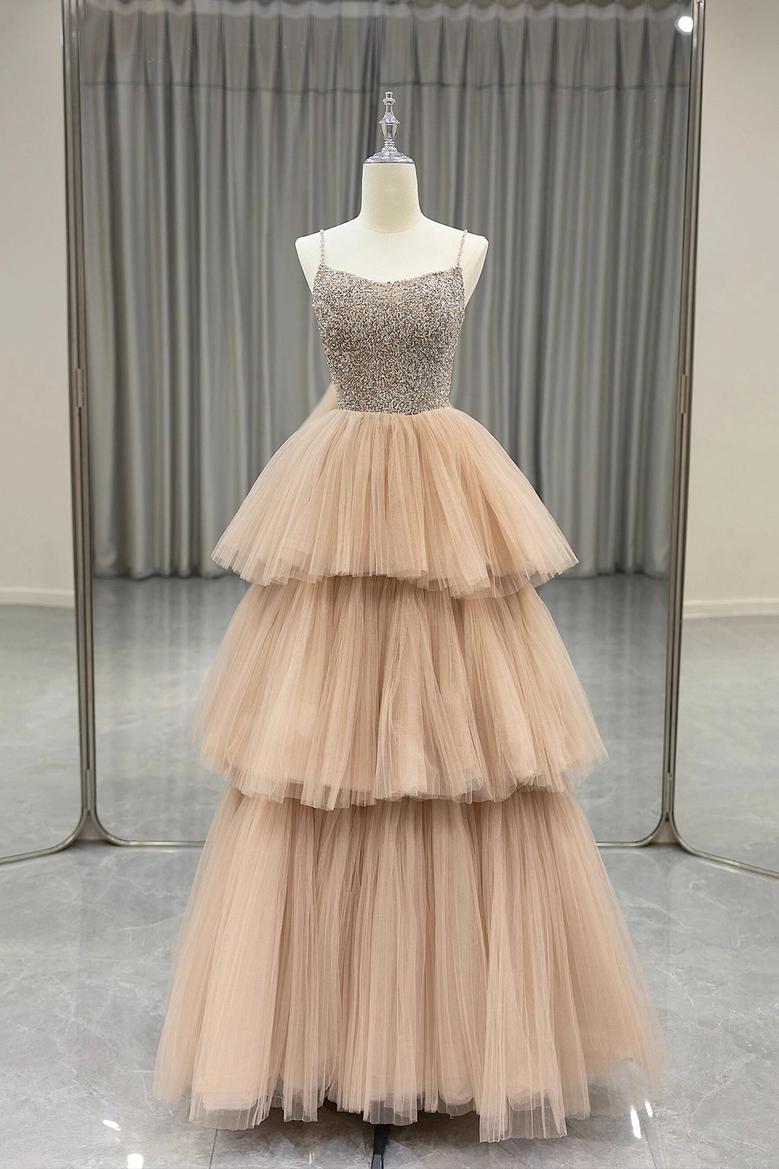Champagne Tulle Layers Long A-Line Prom Dress, Spaghetti Strap Beaded Evening Dress