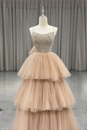 Champagne Tulle Layers Long A-Line Prom Dress, Spaghetti Strap Beaded Evening Dress