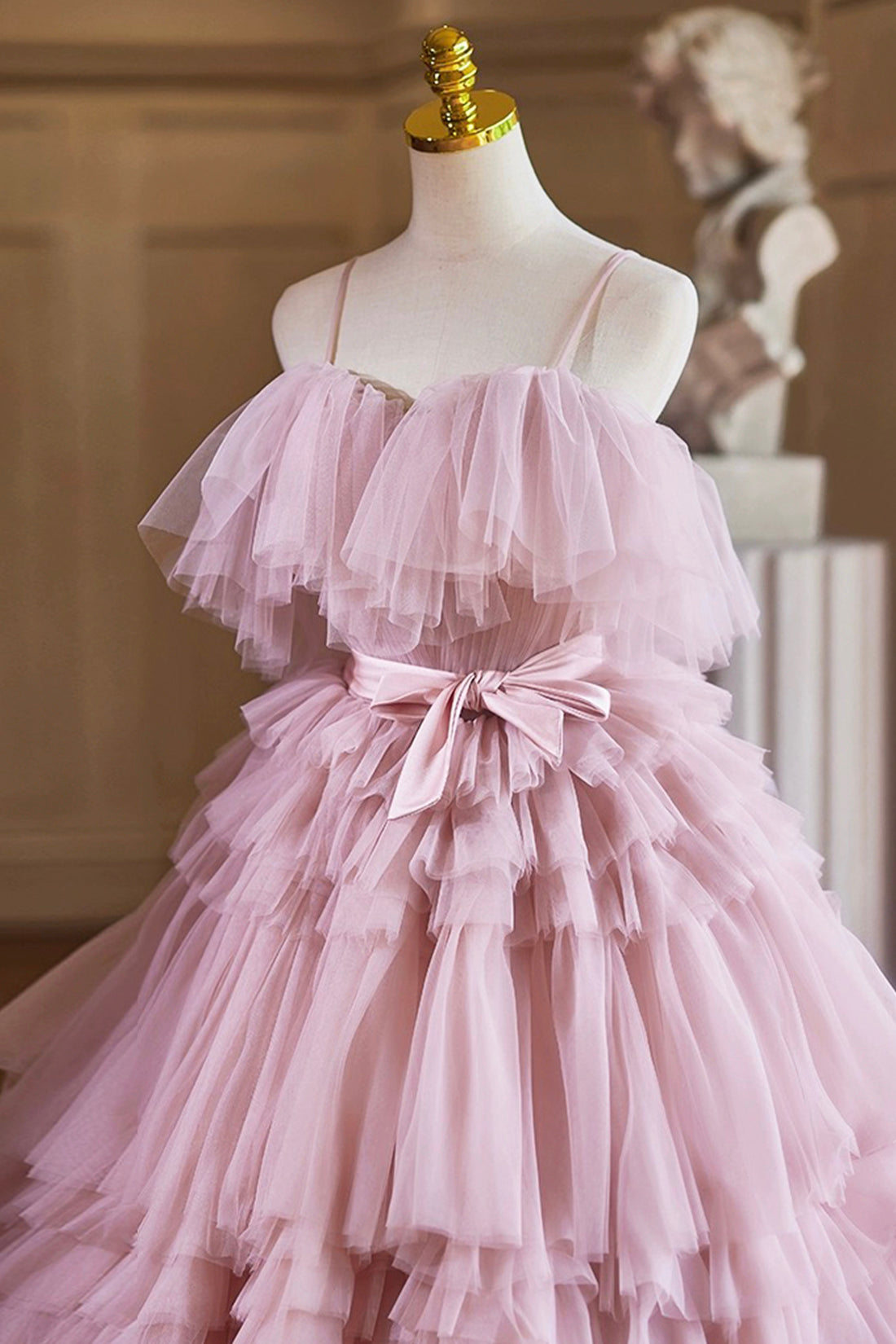 Ball Gown Pink Tulle Spaghetti Strap Long Prom Evening Dress, Pink Sweet 16 Dress