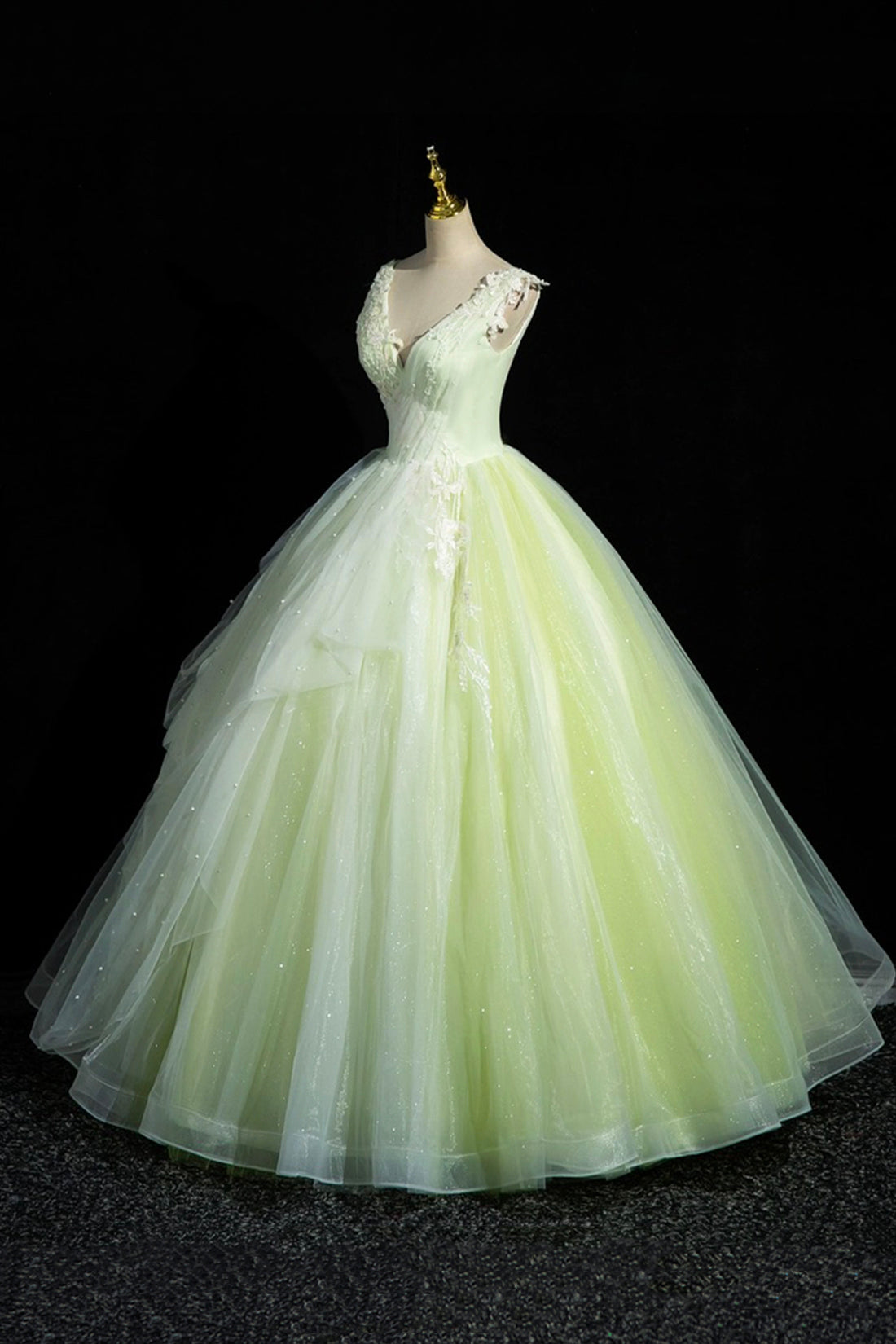 Charming Tulle Lace Green Prom Dresses, V-Neck Sleeveless Floor-Length