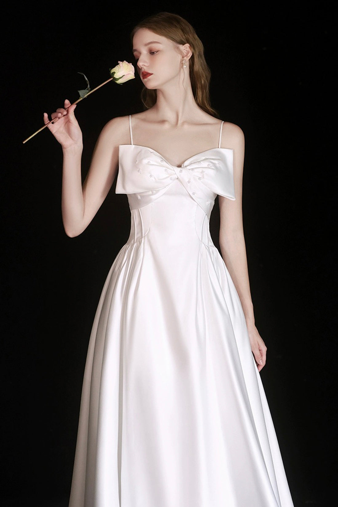 Cute Satin Tea Length Prom Dress, White Spaghetti Strap A-Line Evening Cute Satin Tea Length Prom Dress, White Spaghetti Strap A-Line Evening
