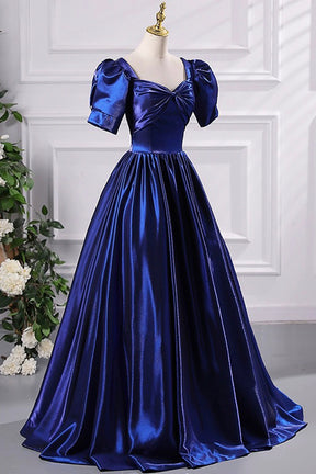 Blue Satin Floor Length Prom Dress, A-Line Short Sleeve Backless Evening Party Dress