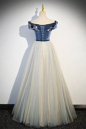 Blue Beading Appliques V-Neck Floor Length Prom Dress, Off the Shoulder Princess A-Line Formal Dress