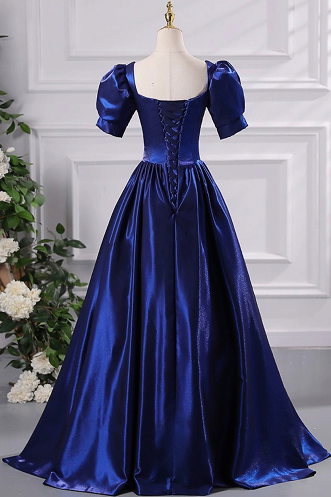 Blue Satin Floor Length Prom Dress, A-Line Short Sleeve Backless Evening Party Dress