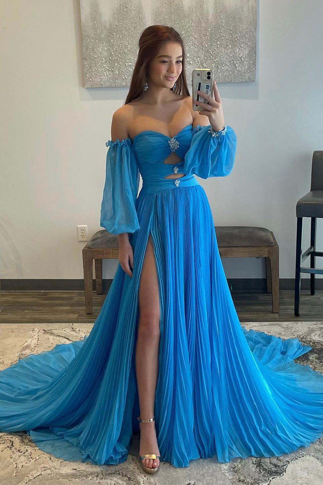 Blue Chiffon A-Line Off the Shoulder Formal Dress, Blue Puffy Sleeve Evening Dress with Split