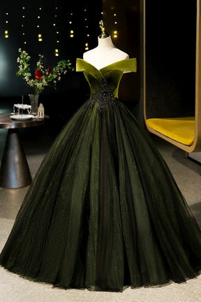 Green Velvet and Tulle Floor Length Prom Dress, Off the Shoulder Evening Party Dress