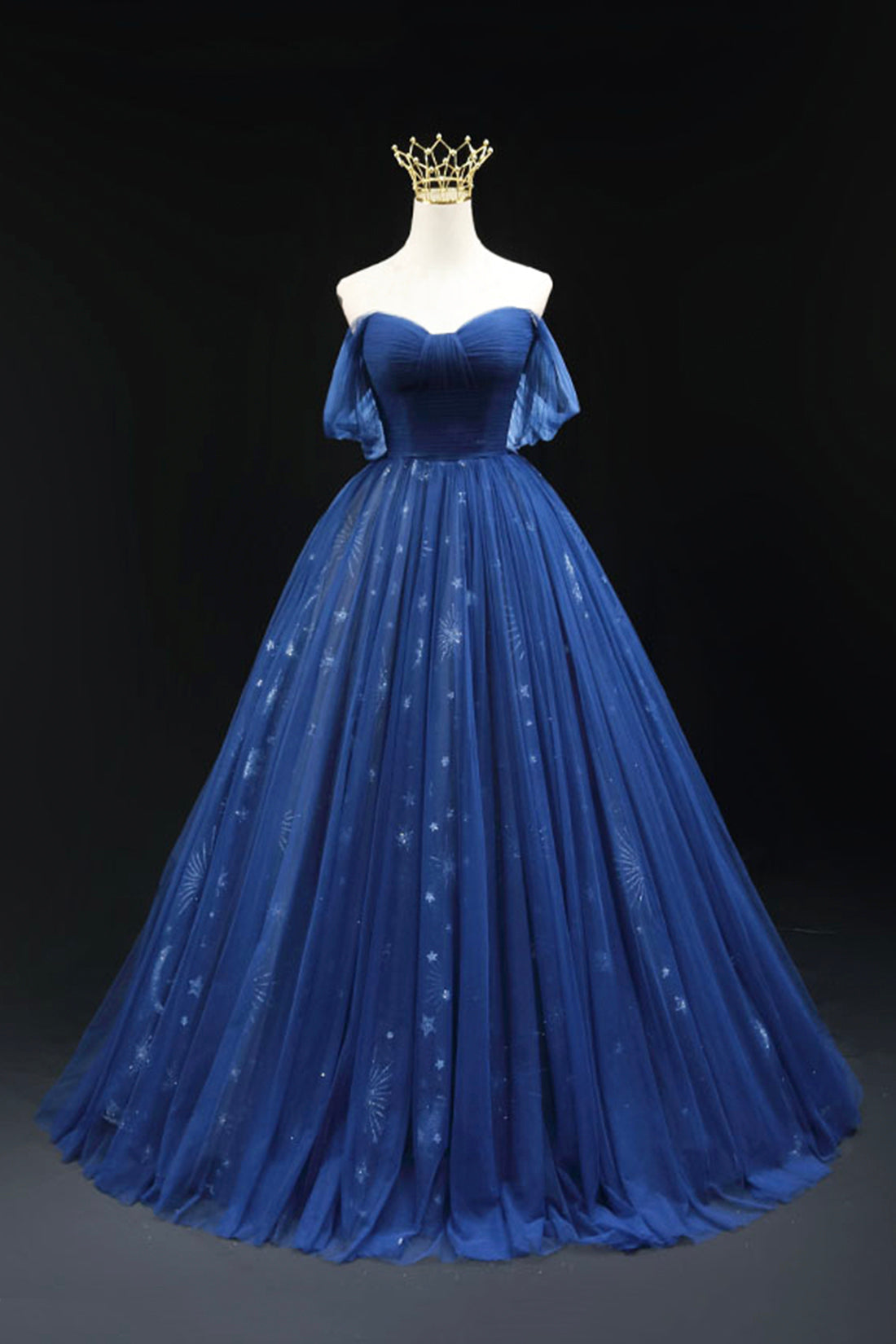 Beautiful Navy Blue Tulle Long Prom Dress, Off the Shoulder A-Line Bac