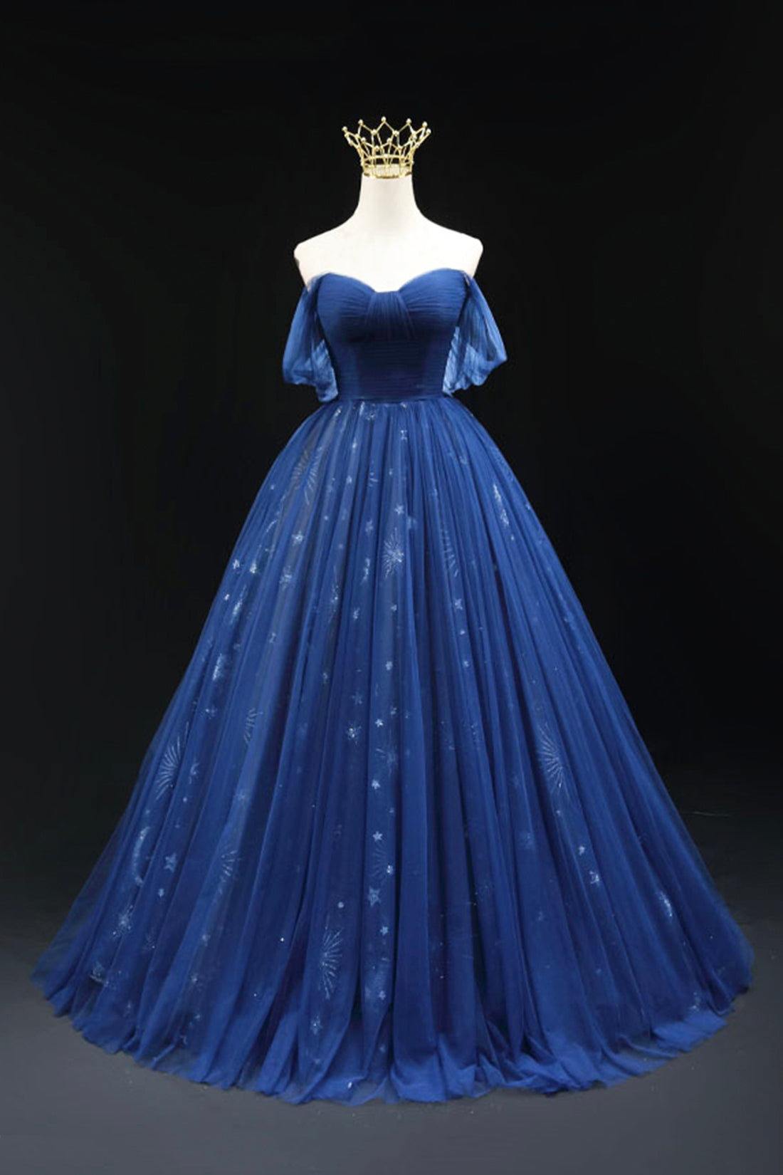 Beautiful Navy Blue Tulle Long Prom Dress, Off the Shoulder A-Line Bac Beautiful Navy Blue Tulle Long Prom Dress, Off the Shoulder A-Line Bac