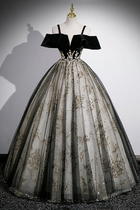 Black Velvet and Sequins Long Prom Dress, Black Off the Shoulder A-Line Evening Dress