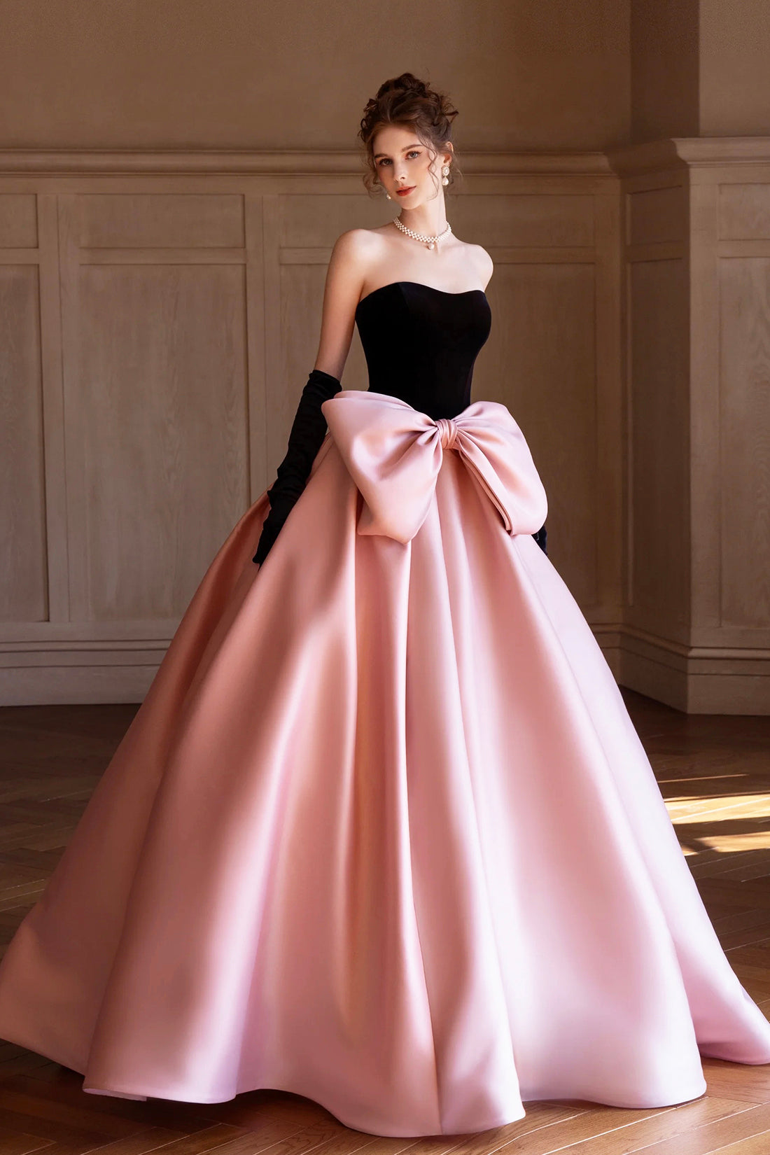 Black Velvet and Satin Long Formal Dress, Beautiful Strapless Evening Party Dress with Bow