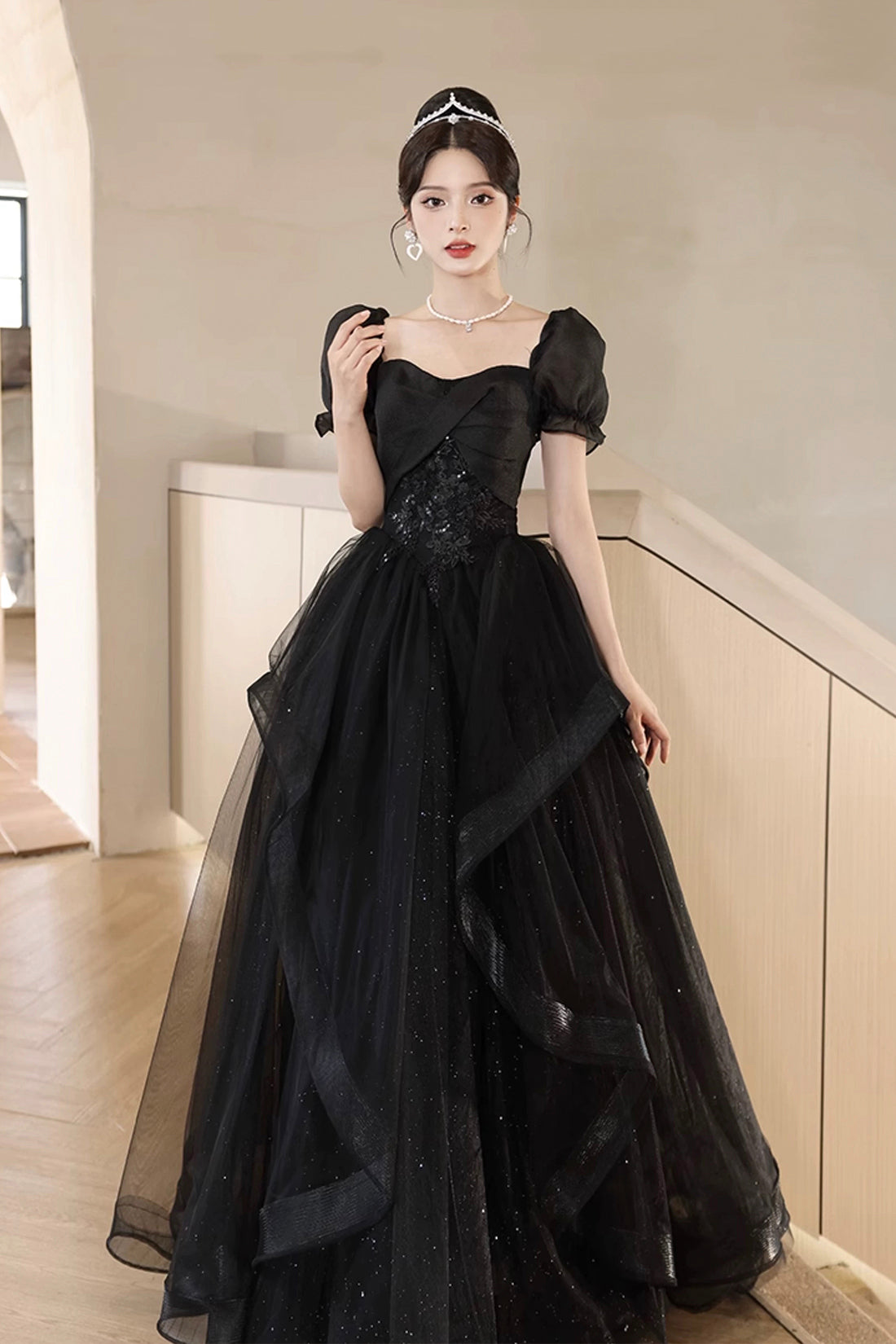 Black Tulle Lace Short Sleeve Floor Length Prom Dress, Black A-Line Evening Party Dress