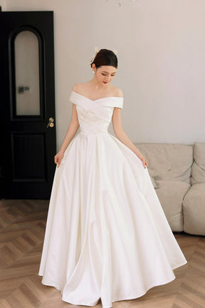 White Satin Off the Shoulder Prom Dress, A-Line Floor Length Evening Party Dress