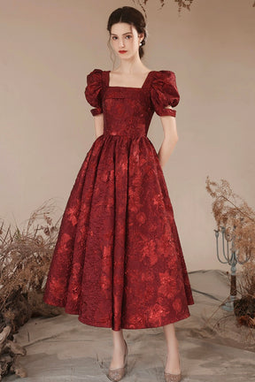 Burgundy Short Sleeve Tea Length Prom Dress, Lovely A-Line Evening Party Dress