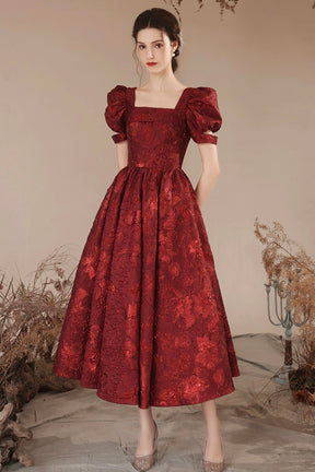 Burgundy Short Sleeve Tea Length Prom Dress, Lovely A-Line Evening Par