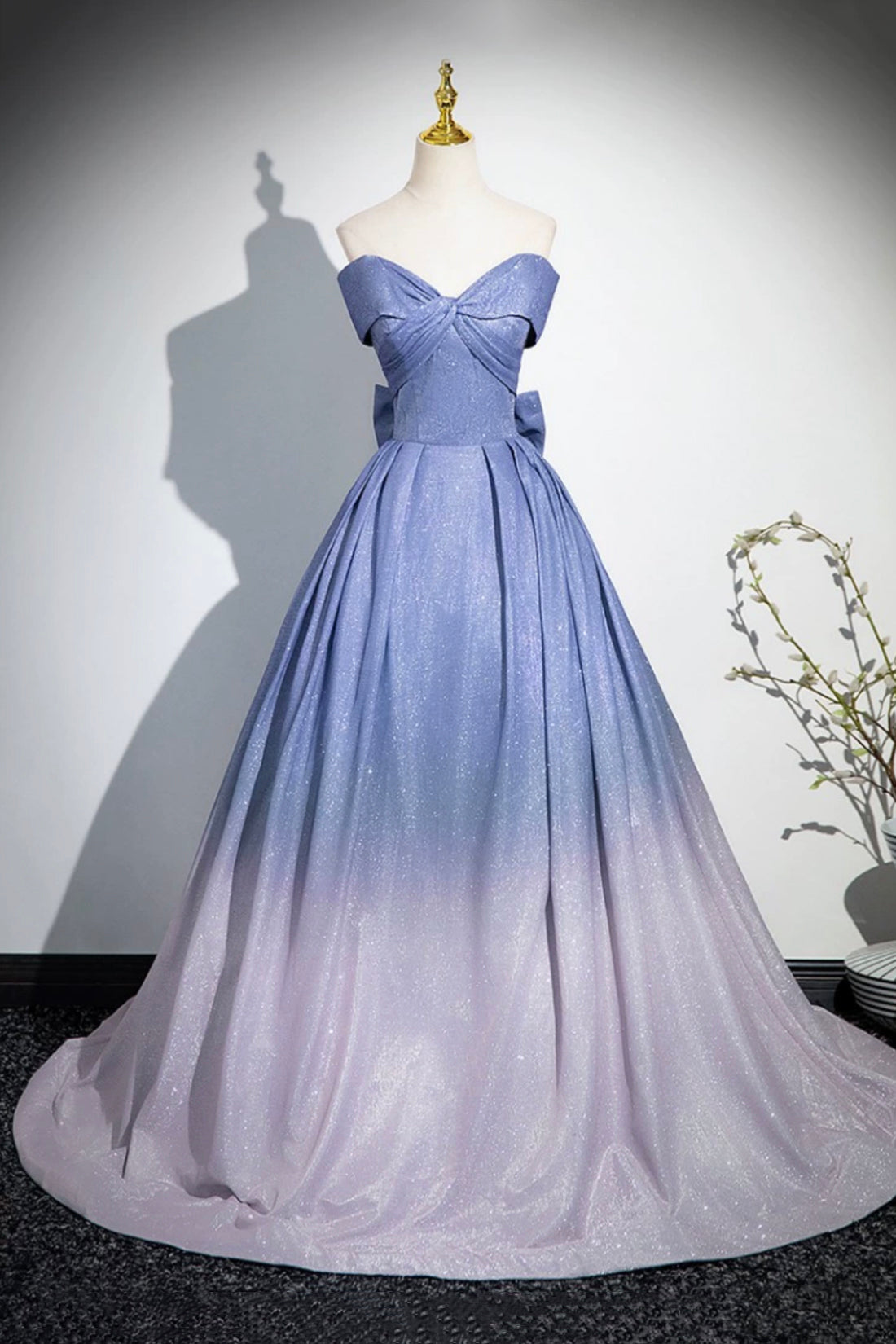 Blue Gradient-Color Glitter Sequins Prom Dresses, A-Line Off-The-Shoulder Blue Princess Formal Dresses