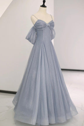 Gray Blue Spaghetti Strap Tulle Floor Length Prom Dress, A-Line Evening Party Dress