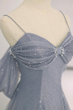 Gray Blue Spaghetti Strap Tulle Floor Length Prom Dress, A-Line Evening Party Dress