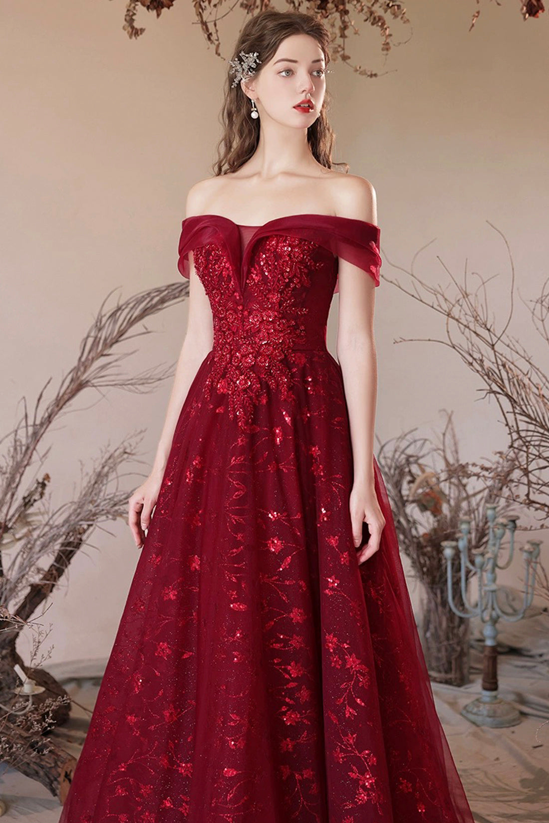 Burgundy Tulle Sequins Long A-Line Prom Dress, Off the Shoulder Evening Party Dress