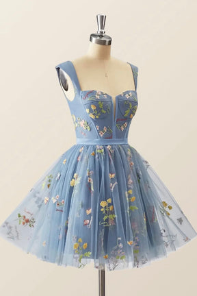 Blue Knee Length Tulle Party Dress, Cute Blue  Floral Tulle Homecoming Dress