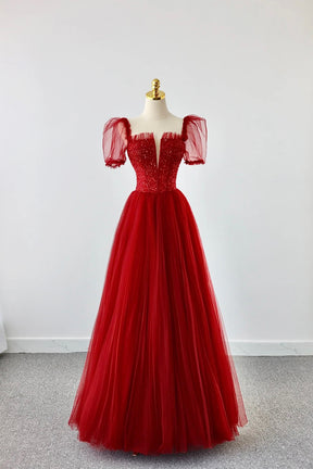Dark Red Tulle Floor Length Formal Dress, Beautiful A-Line Short Sleeve Evening Dress with Beaded