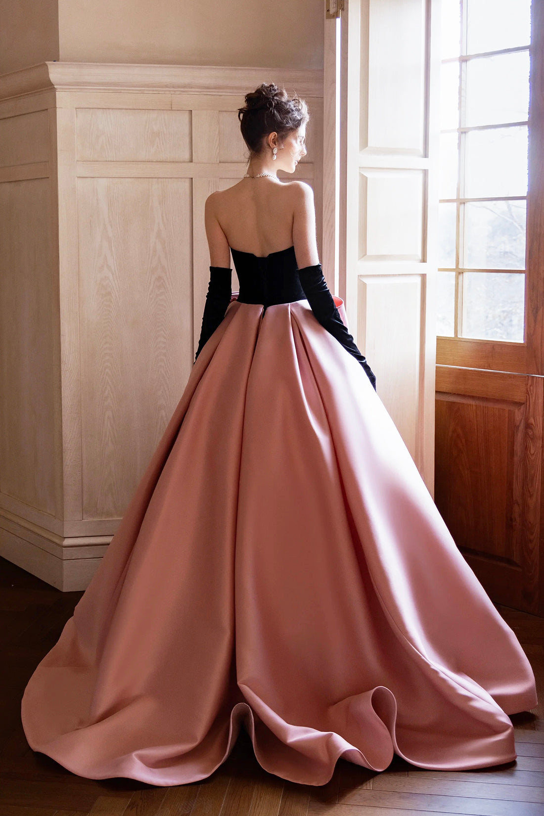 Black Velvet and Satin Long Formal Dress, Beautiful Strapless Evening Party Dress with Bow