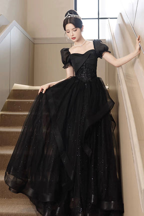 Black Tulle Lace Short Sleeve Floor Length Prom Dress, Black A-Line Evening Party Dress