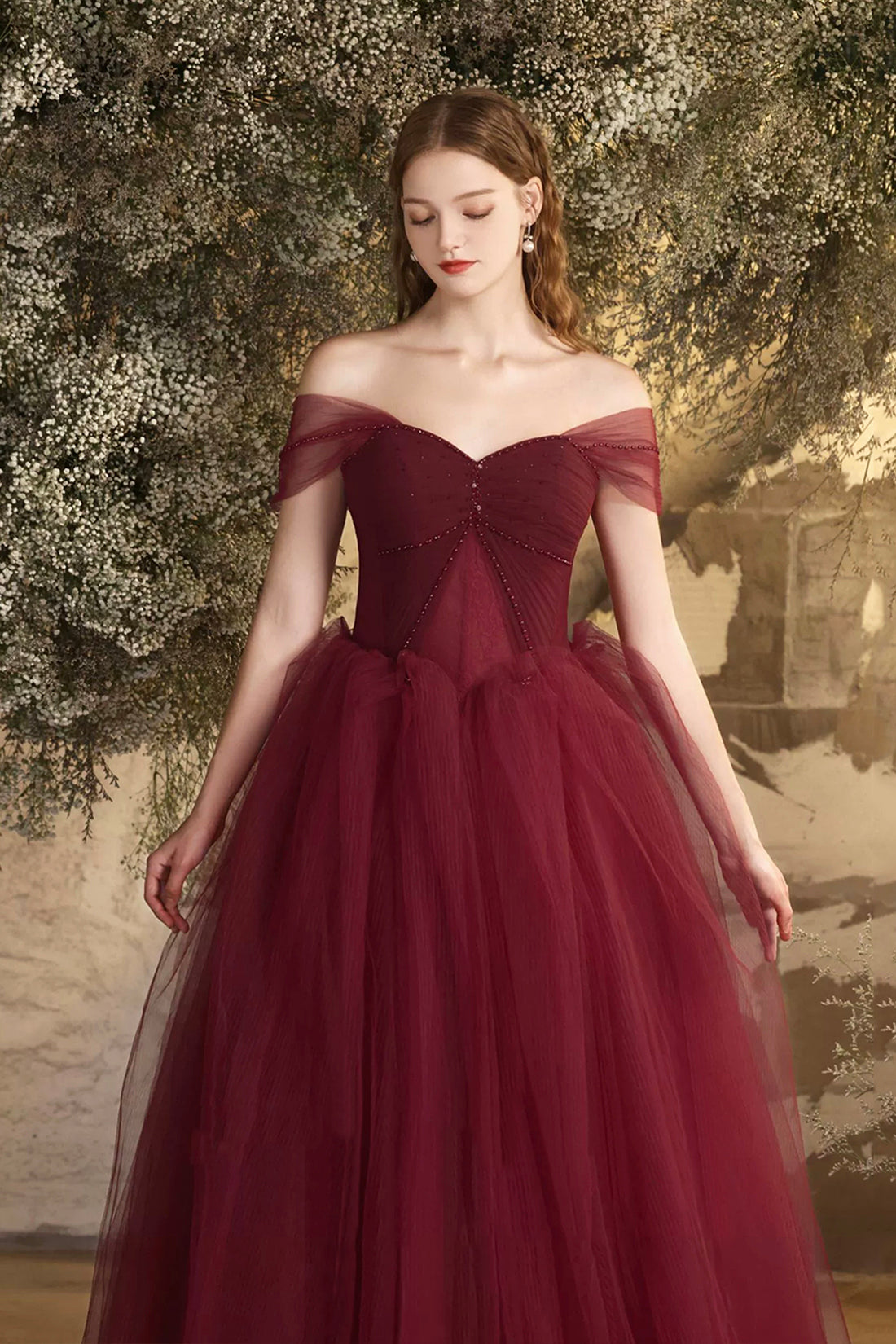 Burgundy Tulle Floor Length Prom Dress, Beautiful Off the Shoulder Eve