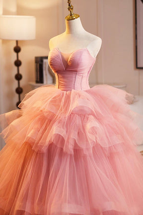 Pink Strapless Tulle Layers Ruffles Long Prom Evening Dress, Pink Sweet 16 Dress