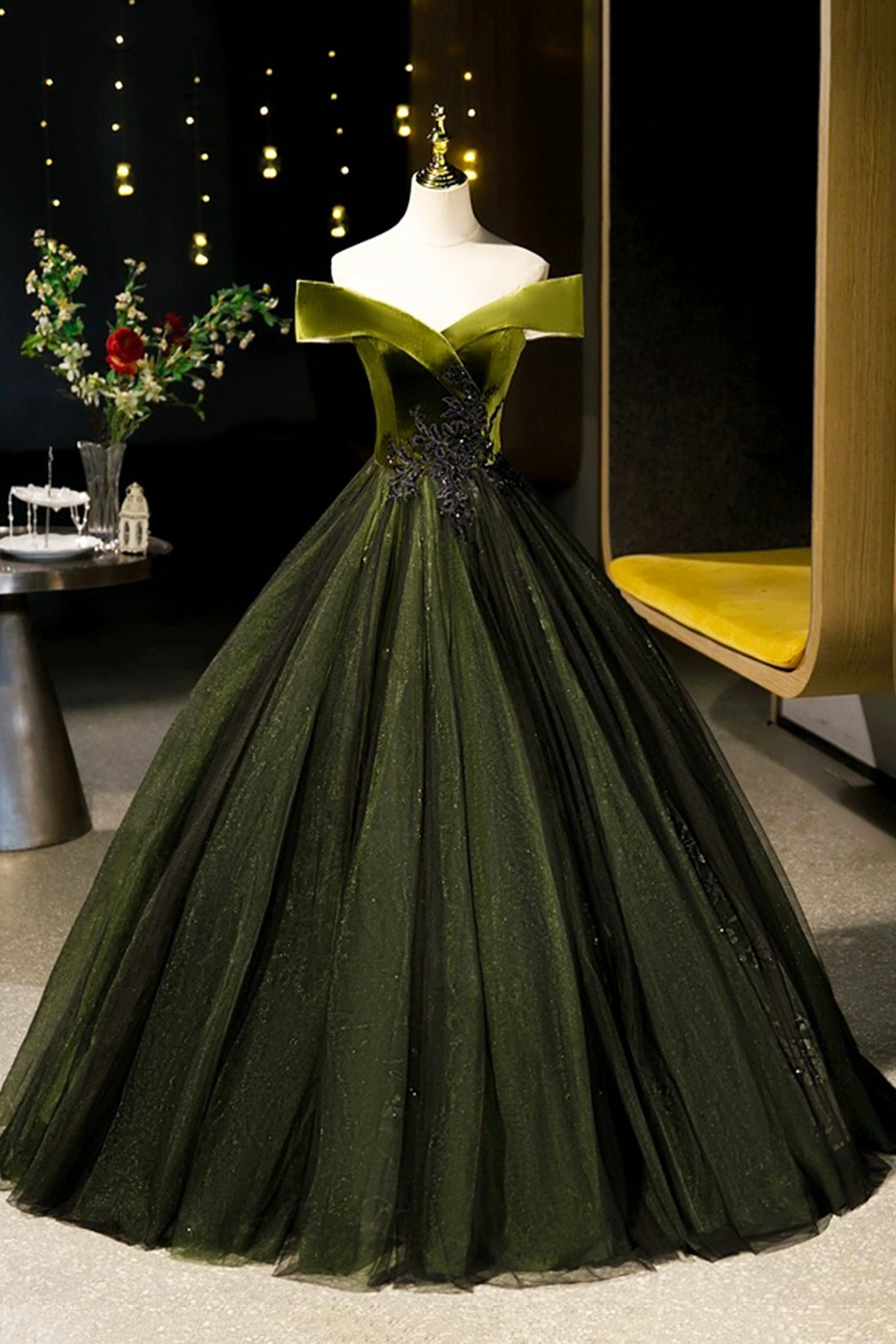 Green Velvet and Tulle Floor Length Prom Dress, Off the Shoulder Evening Party Dress