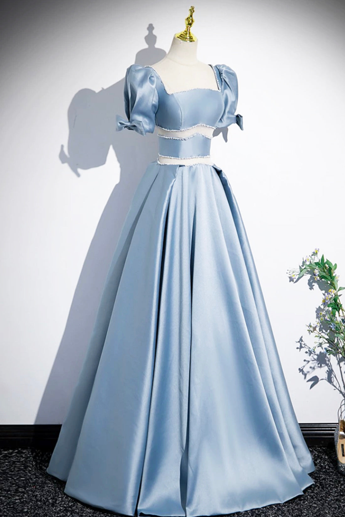 Unique Blue Satin Long Prom Dress, A-Line Short Sleeve Blue Evening Dress