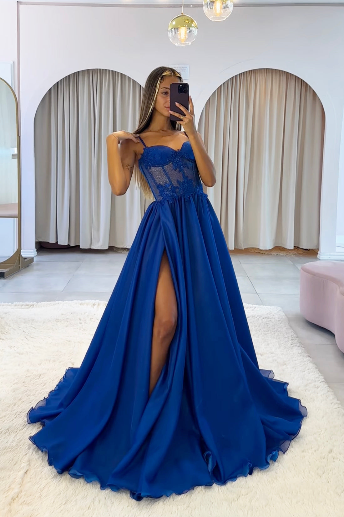 Blue Spaghetti Strap Chiffon Lace Long Prom Dress, Beautiful A-Line Evening Party Dress