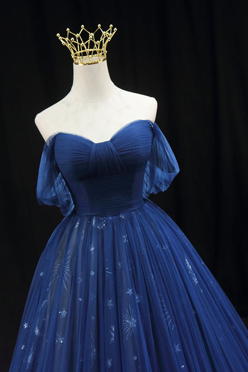 Navy Blue Tulle Beaded Short Prom Dress, Blue Tulle Off Shoulder Homecoming Dress