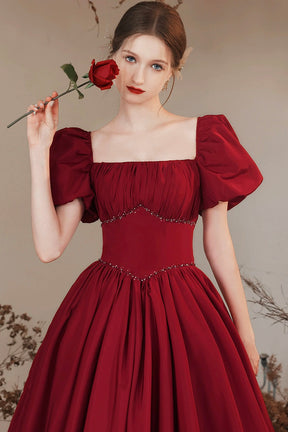 Burgundy Satin Long Prom Dress, Beautiful A-Line Short Sleeve Evening Dress