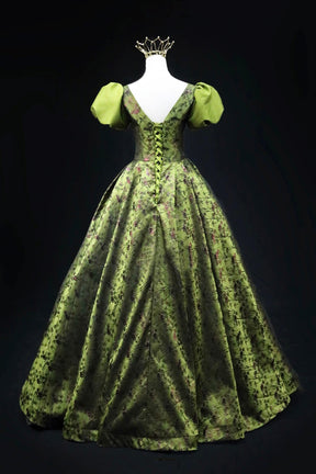 Green Printed Long A-Line Prom Dress, Elegant Short Sleeve Formal Evening Dress