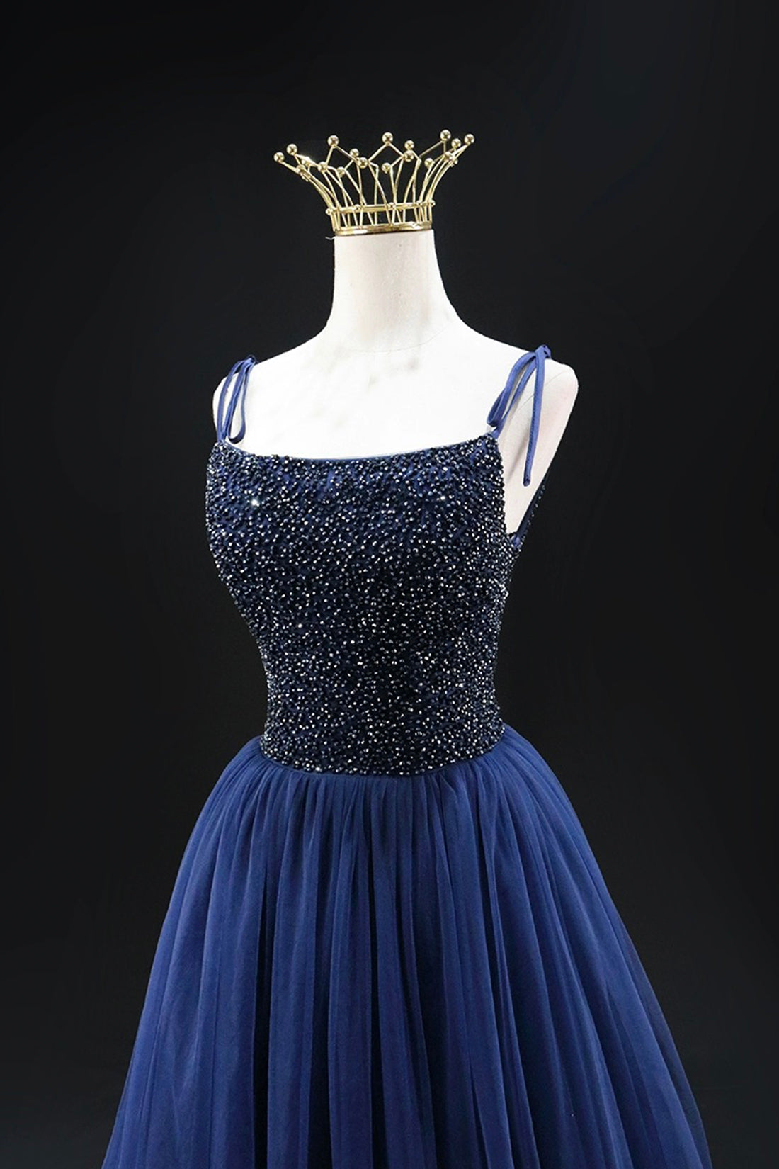 Navy Blue Tulle Beads Long A-Line Prom Dress, Elegant Spaghetti Strap Backless Evening Dress