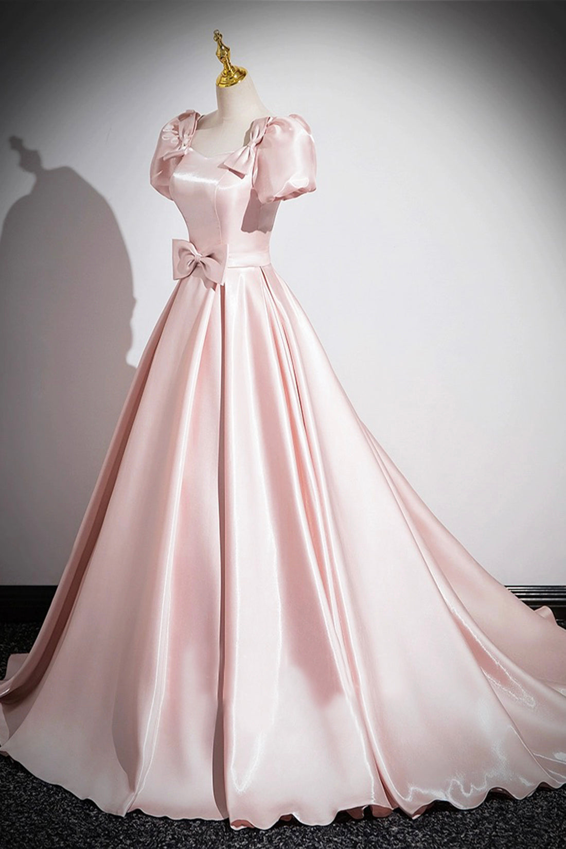 Pink Scoop Neckline Satin Floor Length Prom Dress, Pink Short Sleeve A-Line Party Dress