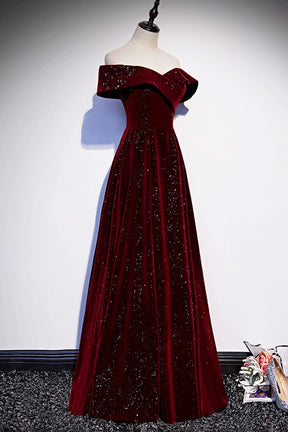 Burgundy Velvet Long Prom Dress, Off the Shoulder Evening Party Dress