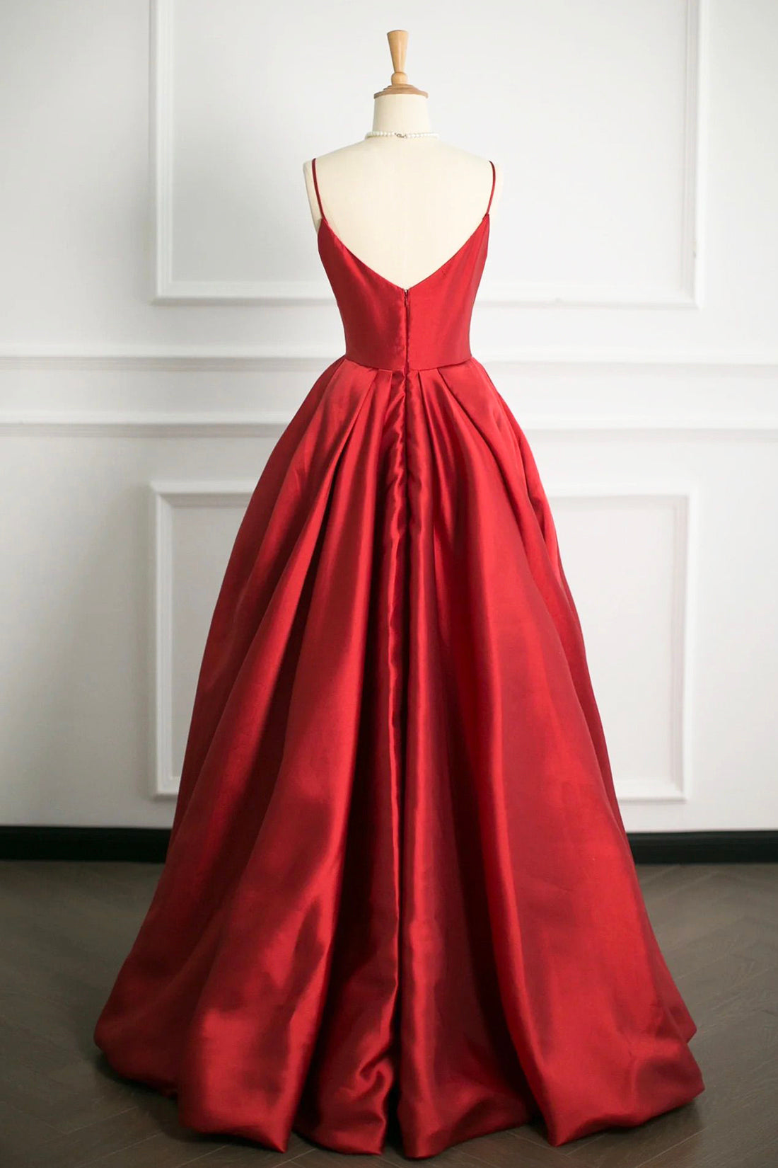Red V-Neck Satin Long A-Line Prom Dress, Simple A-Line Backless Evening Party Dress