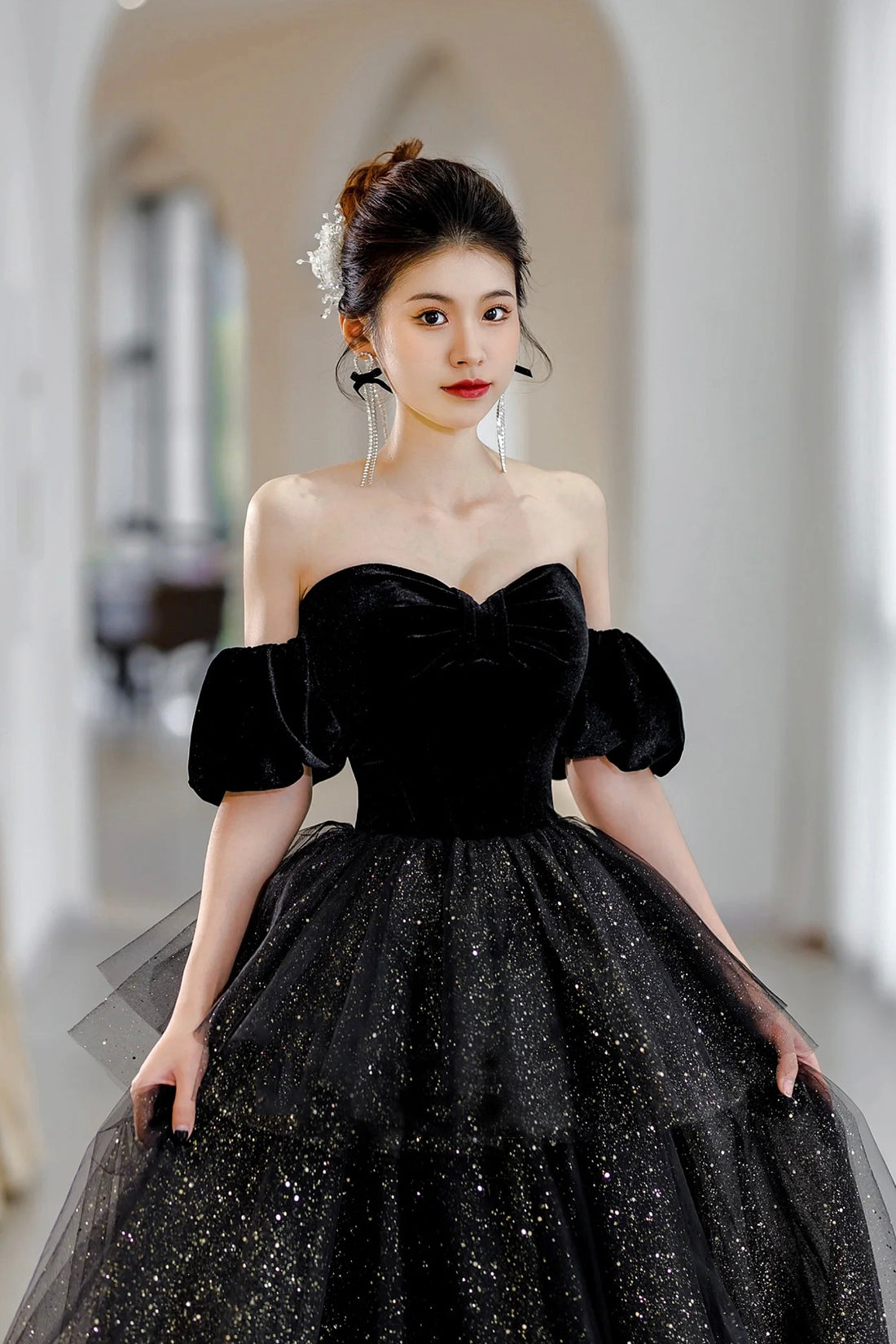 Black Velvet and Tulle Long Formal Dress, Black A-Line Sweetheart Neck Evening Party Dress