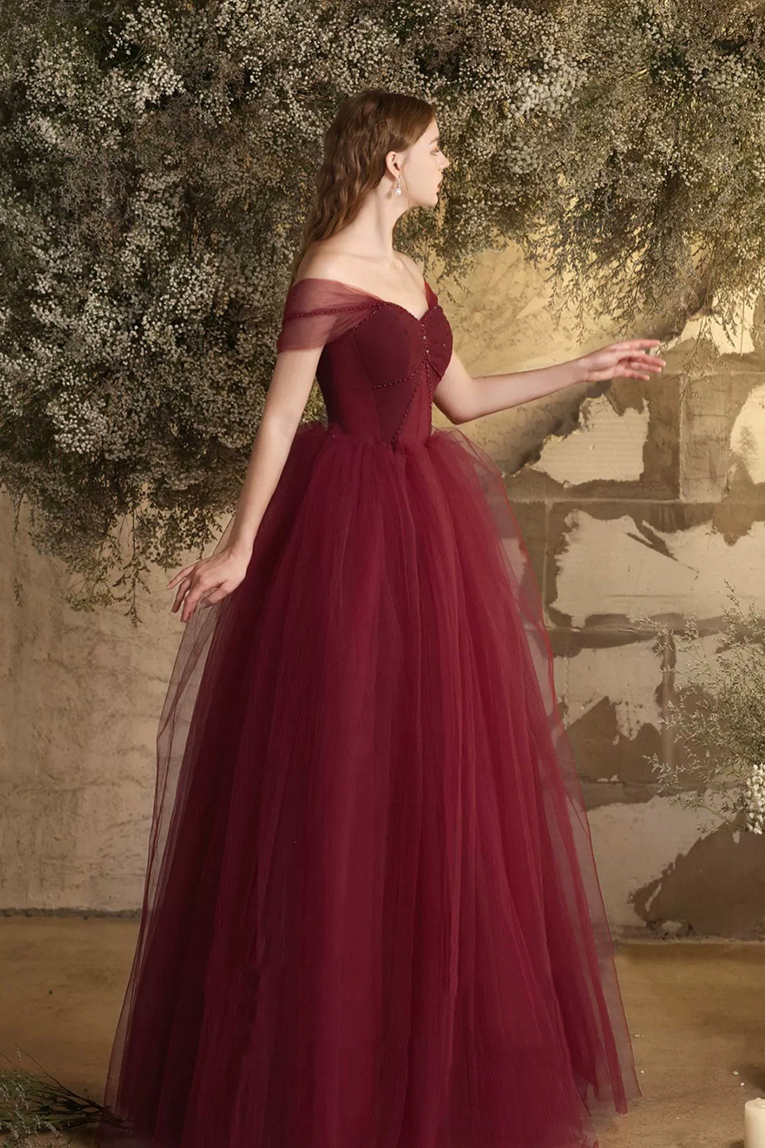 Burgundy Tulle Floor Length Prom Dress, Beautiful Off the Shoulder Evening Party Dress