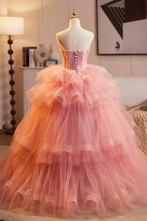 Pink Strapless Tulle Layers Ruffles Long Prom Evening Dress, Pink Sweet 16 Dress