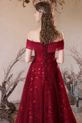 Burgundy Tulle Sequins Long A-Line Prom Dress, Off the Shoulder Evening Party Dress