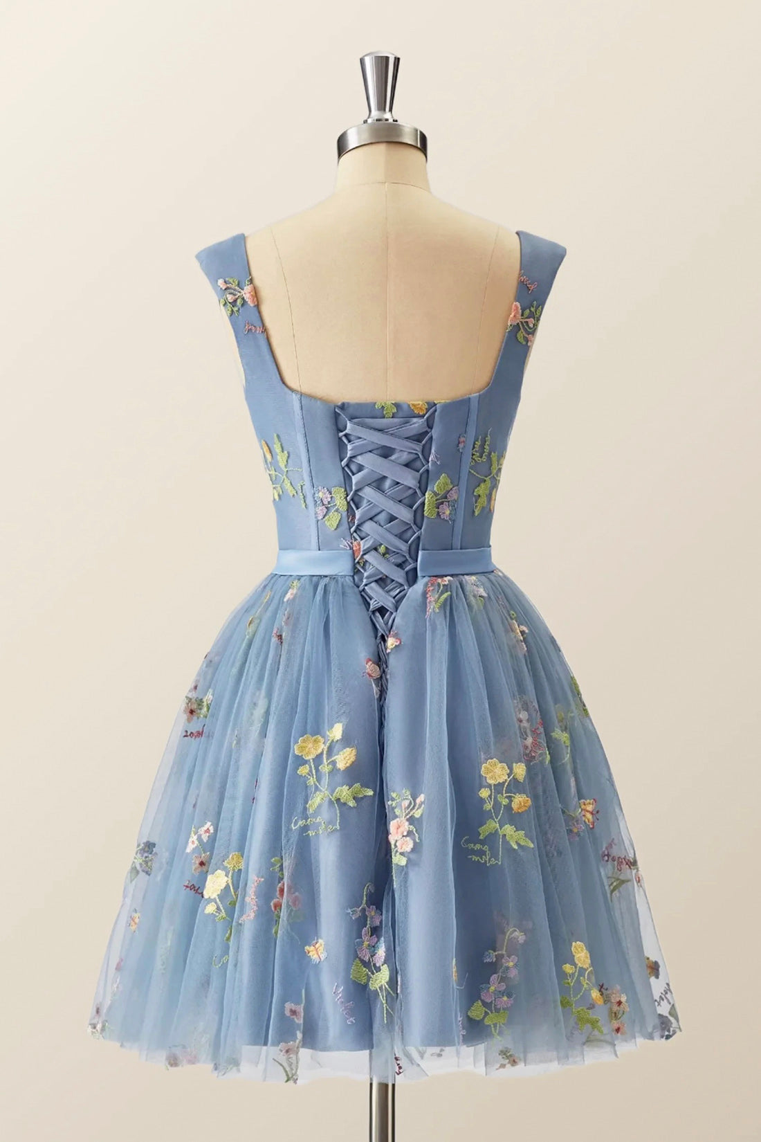 Blue Knee Length Tulle Party Dress, Cute Blue Floral Tulle Homecoming Blue Knee Length Tulle Party Dress, Cute Blue Floral Tulle Homecoming