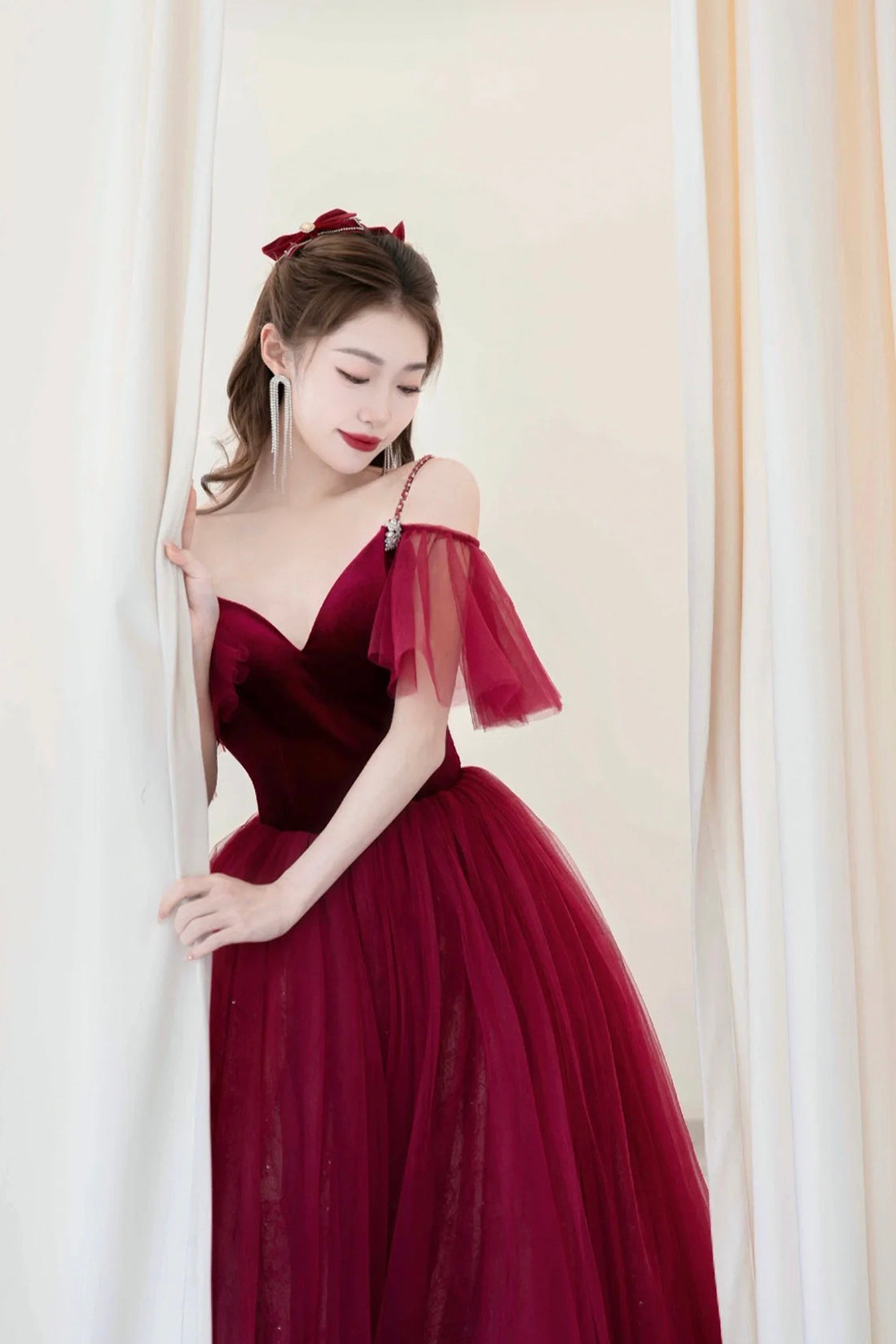 Burgundy V-Neck Velvet and Tulle Long Prom Dress, A-Line Spaghetti Strap Formal Evening Dress