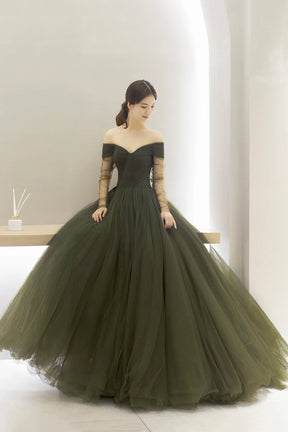 Green Tulle Floor Length Prom Dress, A-Line Long Sleeve Evening Party Dress