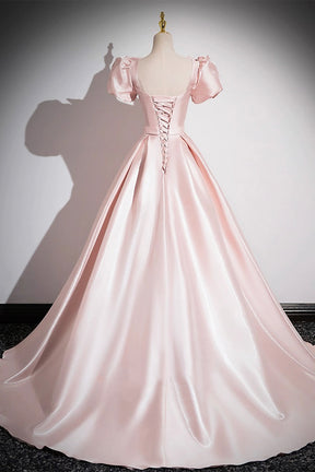 Pink Scoop Neckline Satin Floor Length Prom Dress, Pink Short Sleeve A-Line Party Dress