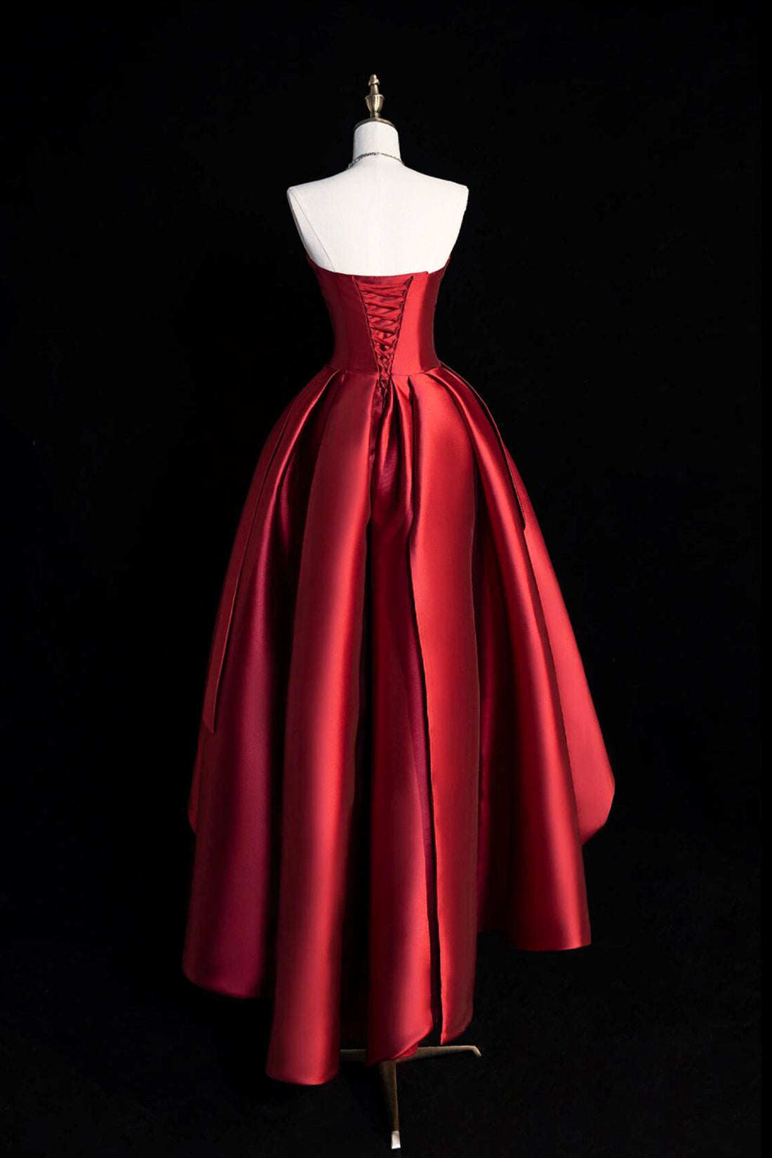 A-Line Satin Short Prom Dress, Burgundy Strapless High Low Party Dress