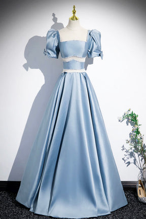 Unique Blue Satin Long Prom Dress, A-Line Short Sleeve Blue Evening Dress