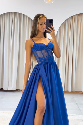 Blue Spaghetti Strap Chiffon Lace Long Prom Dress, Beautiful A-Line Evening Party Dress