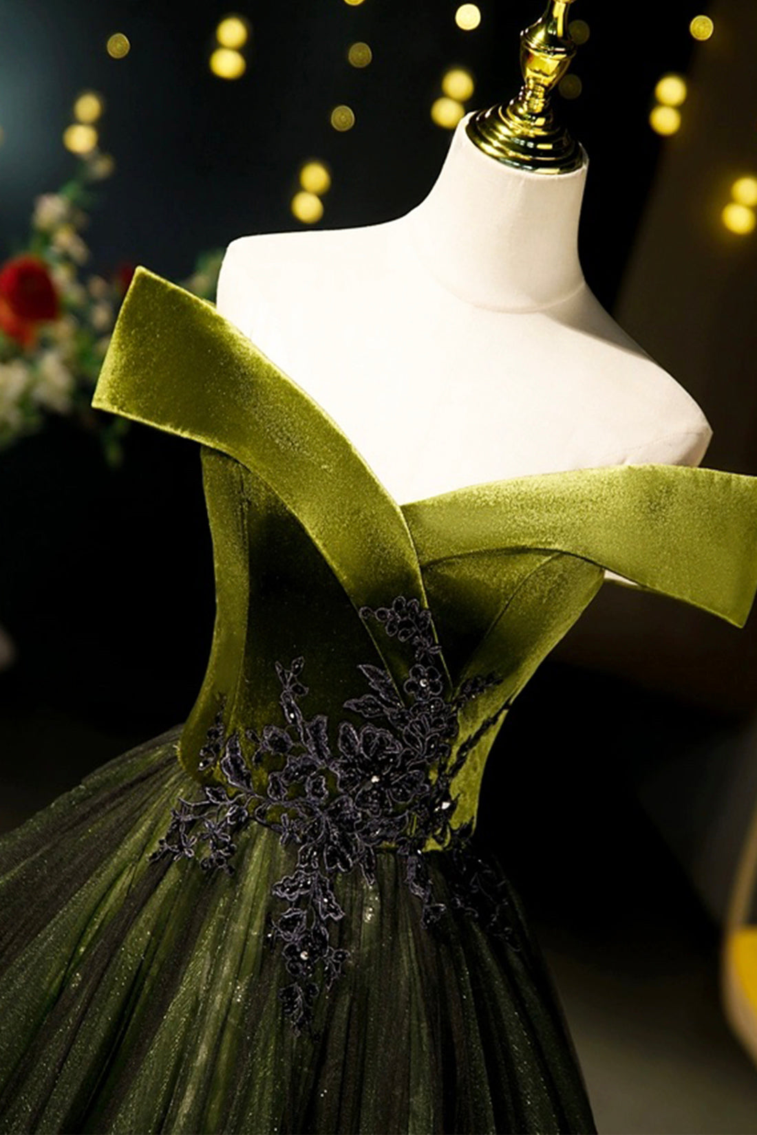 Green Velvet and Tulle Floor Length Prom Dress, Off the Shoulder Eveni Green Velvet and Tulle Floor Length Prom Dress, Off the Shoulder Eveni
